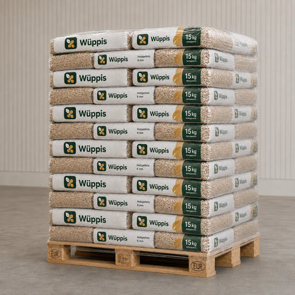 Premium-Nadelholzpellets 6 mm – Palette 960 kg (64 × 15 kg)
