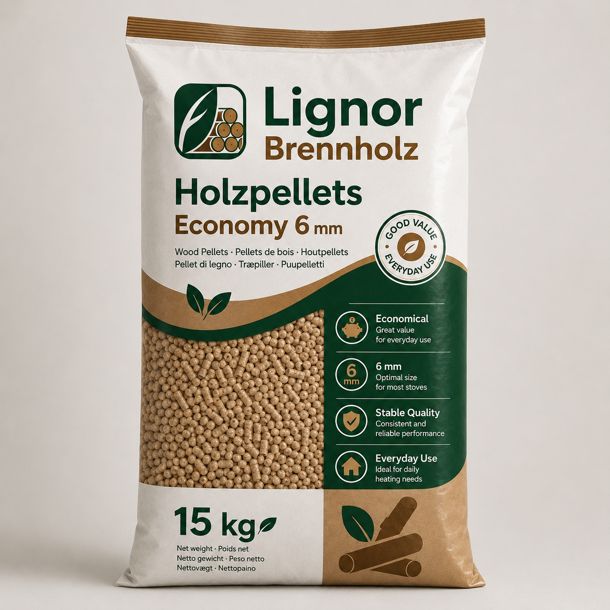 Holzpellets Economy 6 mm – Palette 990 kg (66 × 15 kg)