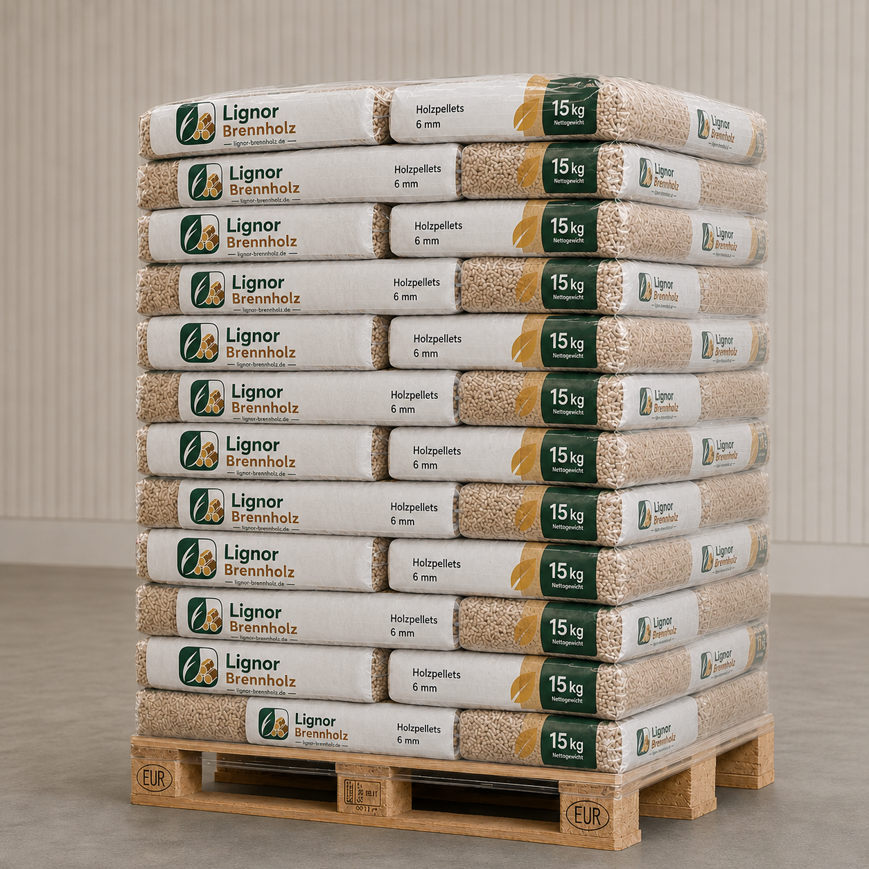 Holzpellets ENplus A1 6 mm – Palette 990 kg (66 × 15 kg)