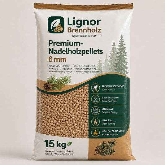 Premium-Nadelholzpellets 6 mm – Palette 960 kg (64 × 15 kg)