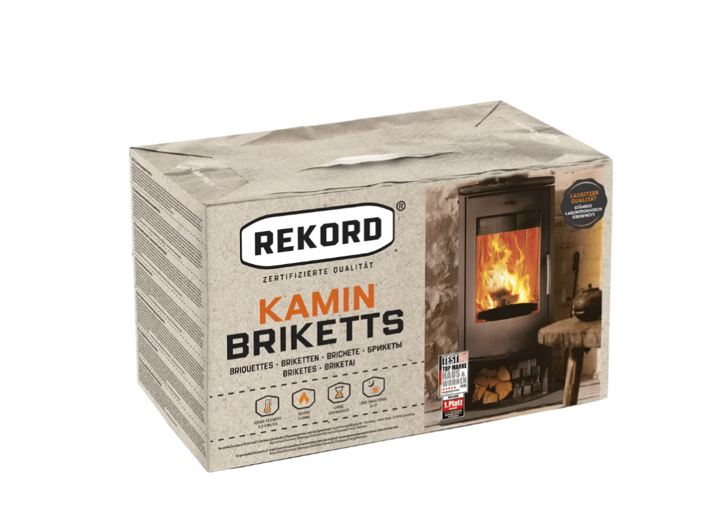 REKORD Braunkohlebriketts – 900 kg Palette (90 × 10 kg)