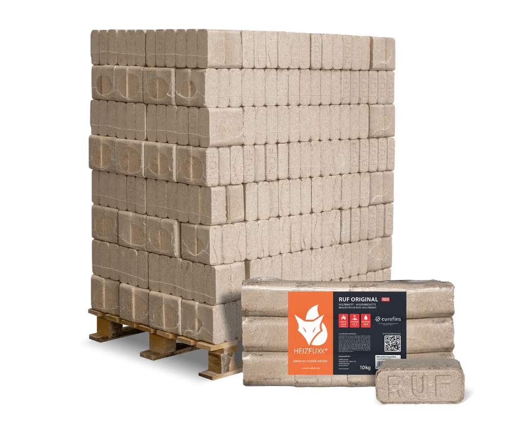 Heizfuxx RUF Original Red Hartholzbriketts – 960 kg Palette (96 × 10 kg)
