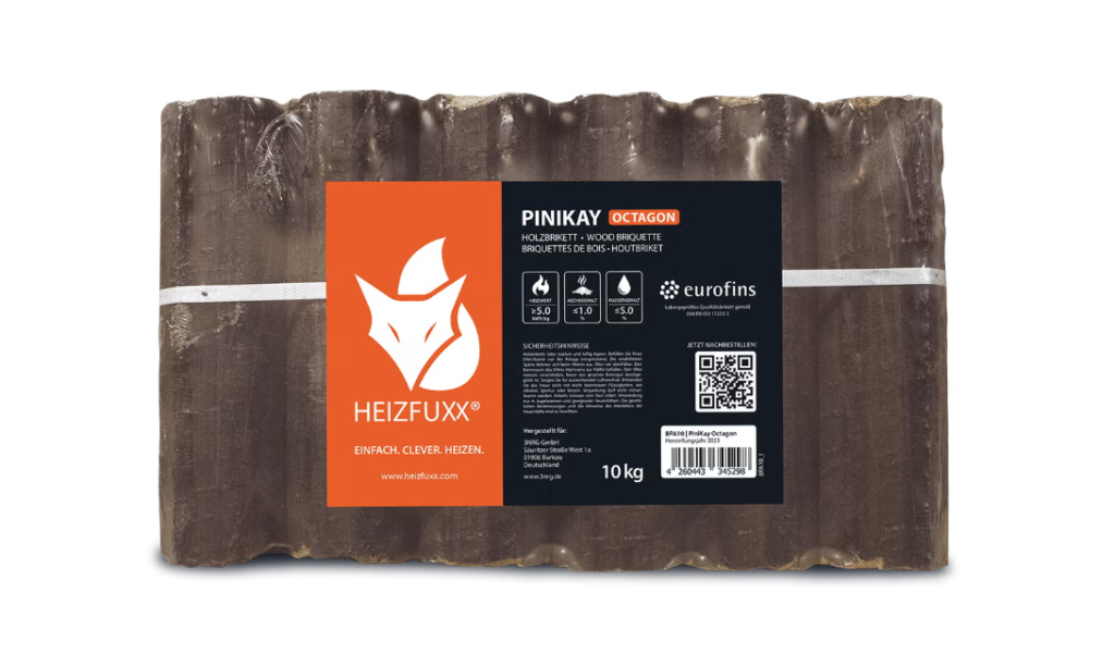 Heizfuxx PiniKay Octagon Hartholzbriketts – 960 kg Palette (96 × 10 kg)